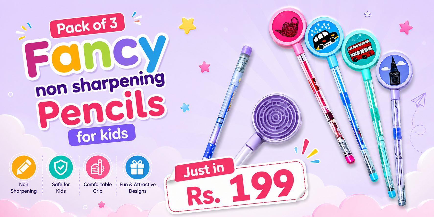 Pack of 3 Fancy non sharpening Pencils for kids