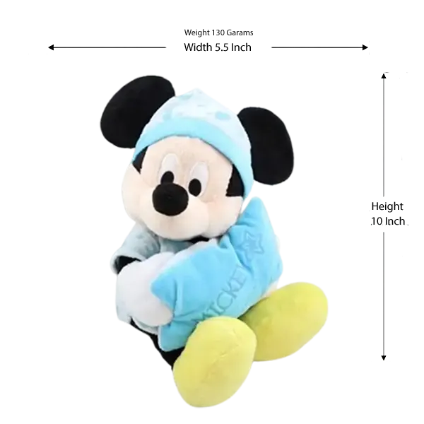 Mickey Mouse plush toy in blue glow-in-the-dark pajamas with a cushion