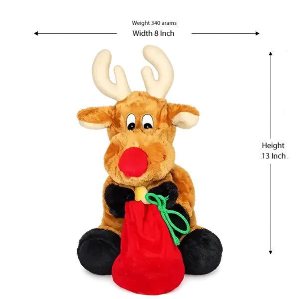 Imported Plush Sitting Reindeer Holding a Red  Santa  Bag - Perfect Gift