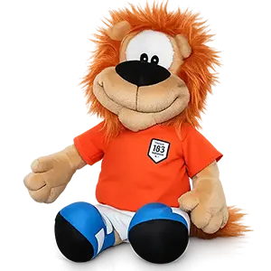 Loeki the Lion plush toy as an Orange footballer