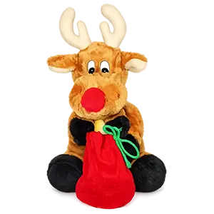 Imported Plush Sitting Reindeer Holding a Red  Santa  Bag - Perfect Gift