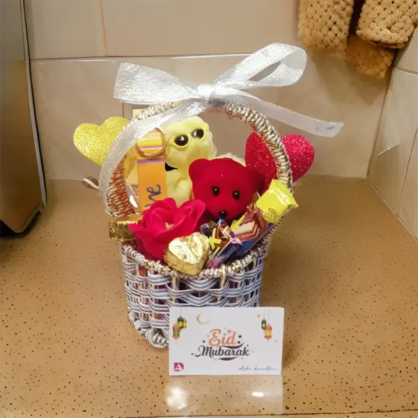 Elegant Love Gift Round Basket with flowers, Chocolates, Perfume, keychain & Cute teddy bear and Ribbon bow on top | Valentines Day | Birthday and Anniversary | Round Shaped Gifts Basket | EiD Gifts B