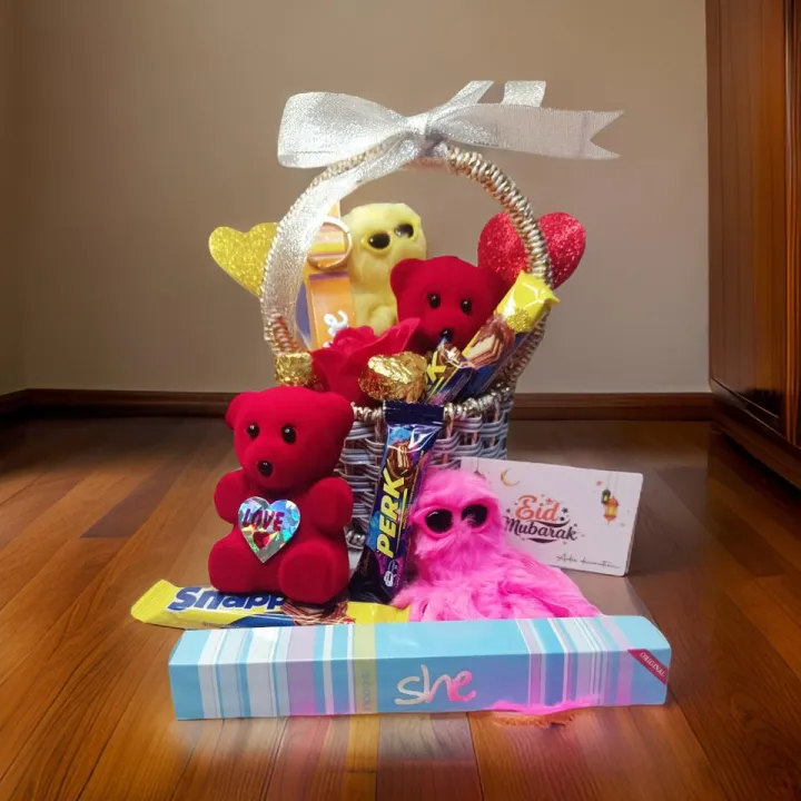 Elegant Love Gift Round Basket with flowers, Chocolates, Perfume, keychain & Cute teddy bear and Ribbon bow on top | Valentines Day | Birthday and Anniversary | Round Shaped Gifts Basket | EiD Gifts B