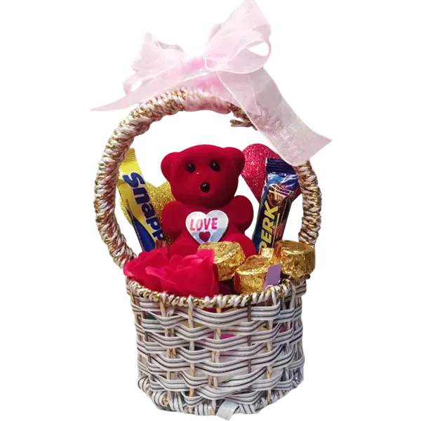 Elegant Love Gift Round Basket with flowers, Chocolates, Perfume, keychain & Cute teddy bear and Ribbon bow on top | Valentines Day | Birthday and Anniversary | Round Shaped Gifts Basket | EiD Gifts B