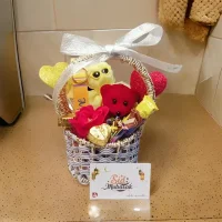 Elegant Love Gift Round Basket with flowers, Chocolates, Perfume, keychain & Cute teddy bear and Ribbon bow on top | Valentines Day | Birthday and Anniversary | Round Shaped Gifts Basket | EiD Gifts B