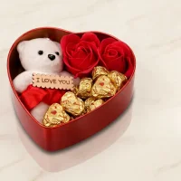 Romantic Roses Flower Gift Box with Cute Teddy Bear and Tag I LOVE YOU for Valentines Day | Birthday and Anniversary Heart Shaped Gift Box | Chocolate Gift Box | Red with 2 Chocolates
