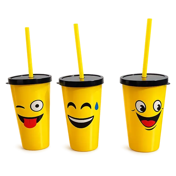 Emoji Face Plastic Glass WIth Cap & Straw - Yellow