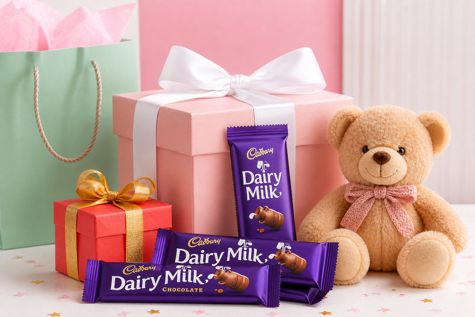 Dairy Milk chocolate bars with wrapped gift boxes and a teddy bear